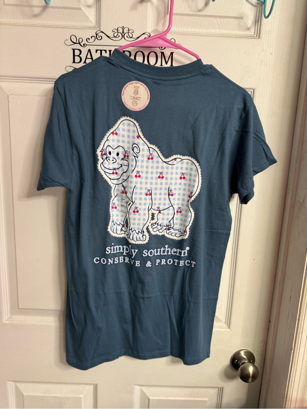 Simply Southern Blue Short Sleeve Tracker Tee with Gingham Gorilla